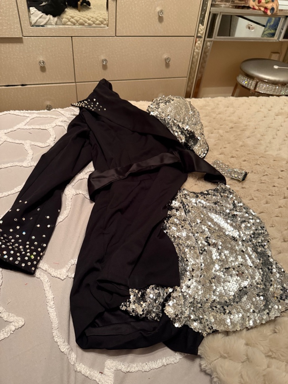 Black Dress with Silver Sequin Skirt and Embellished Sleeves